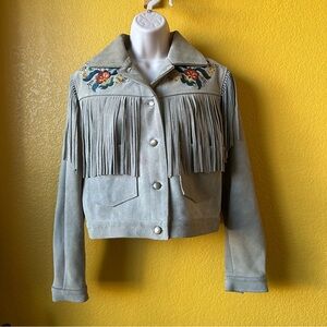 Understated Leather Suede Leather Floral Embroidered Fringe Jacket